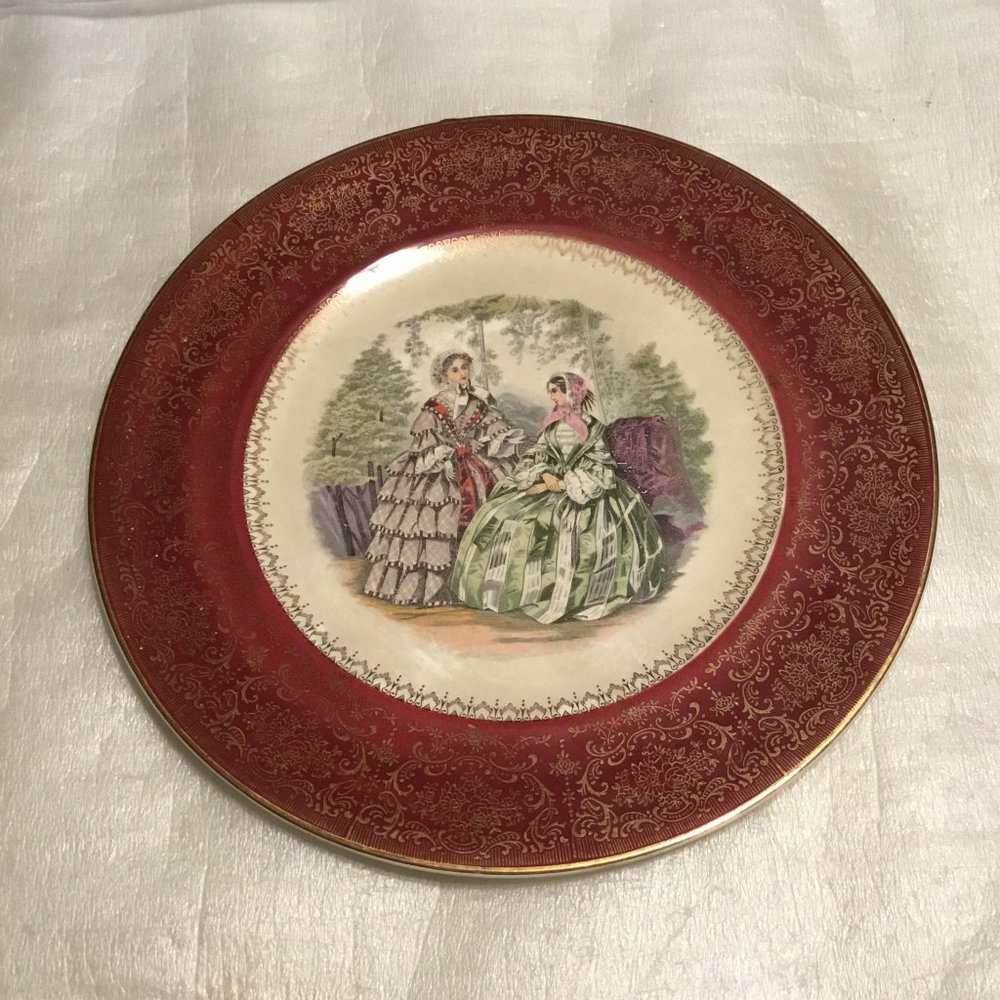 Vintage 23 karat gold porcelain plate of Victorian women by Salem China Co.